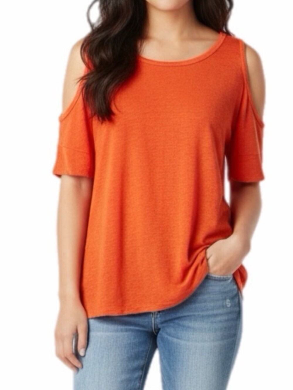 Bobeau Women's Cold Shoulder Top S Orange Short Sleeve Burnout Knit High Low